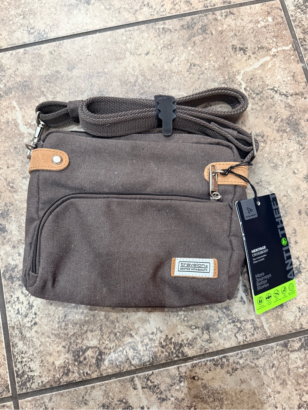 Travelon Dark Brown Canvas Crossbody with Tan Accents